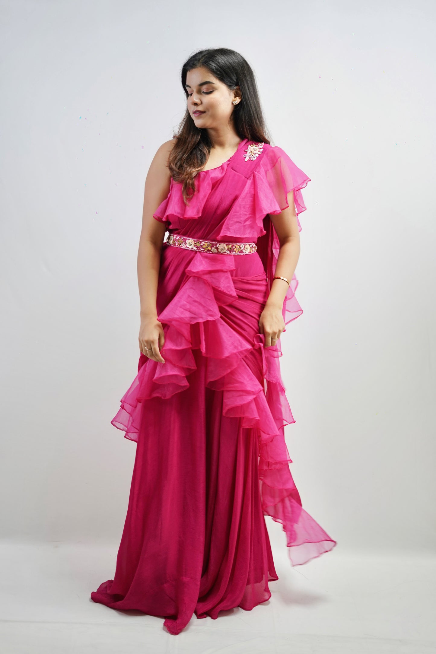 HOT PINK RUFFLE SAREE