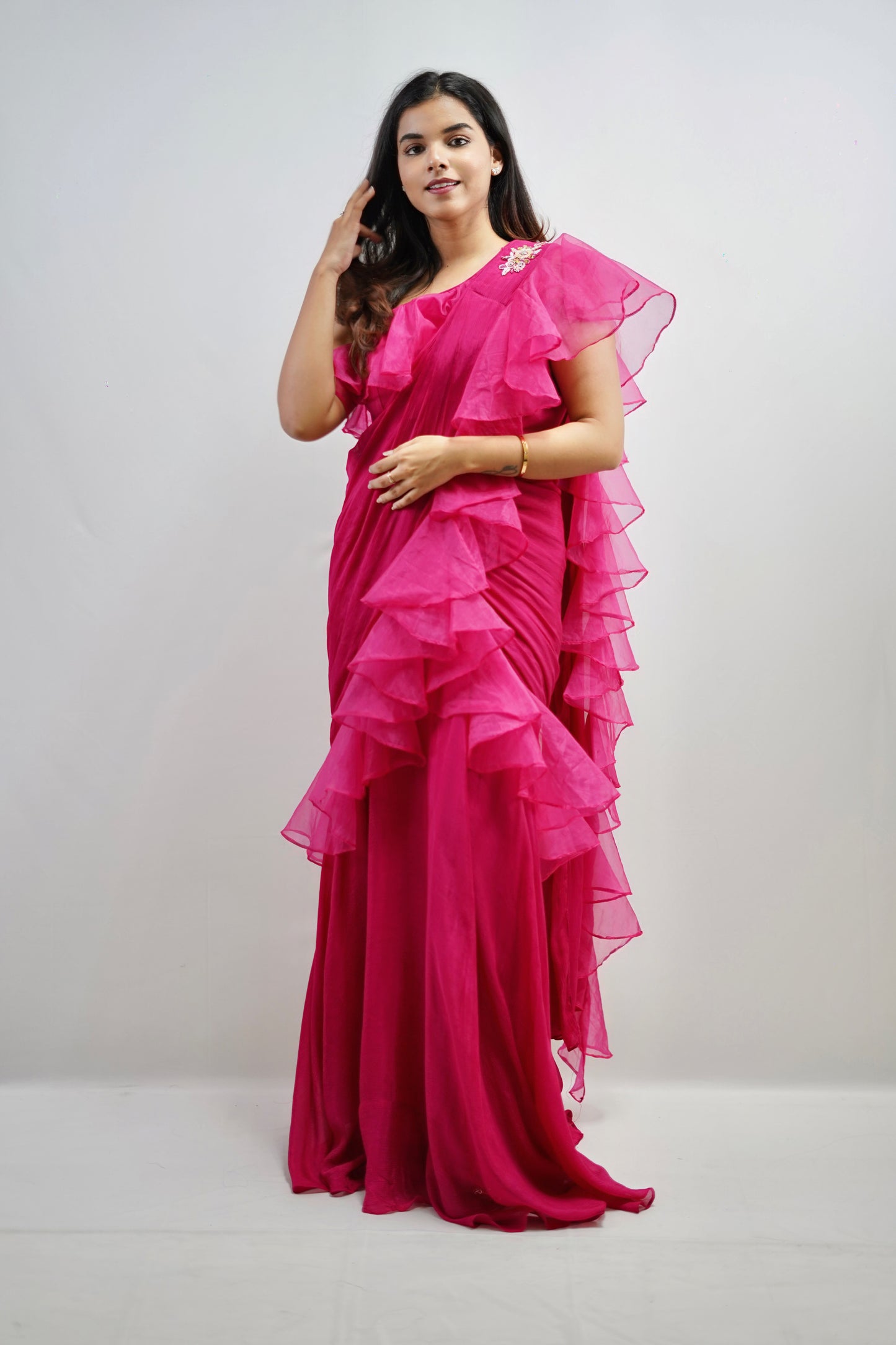 HOT PINK RUFFLE SAREE