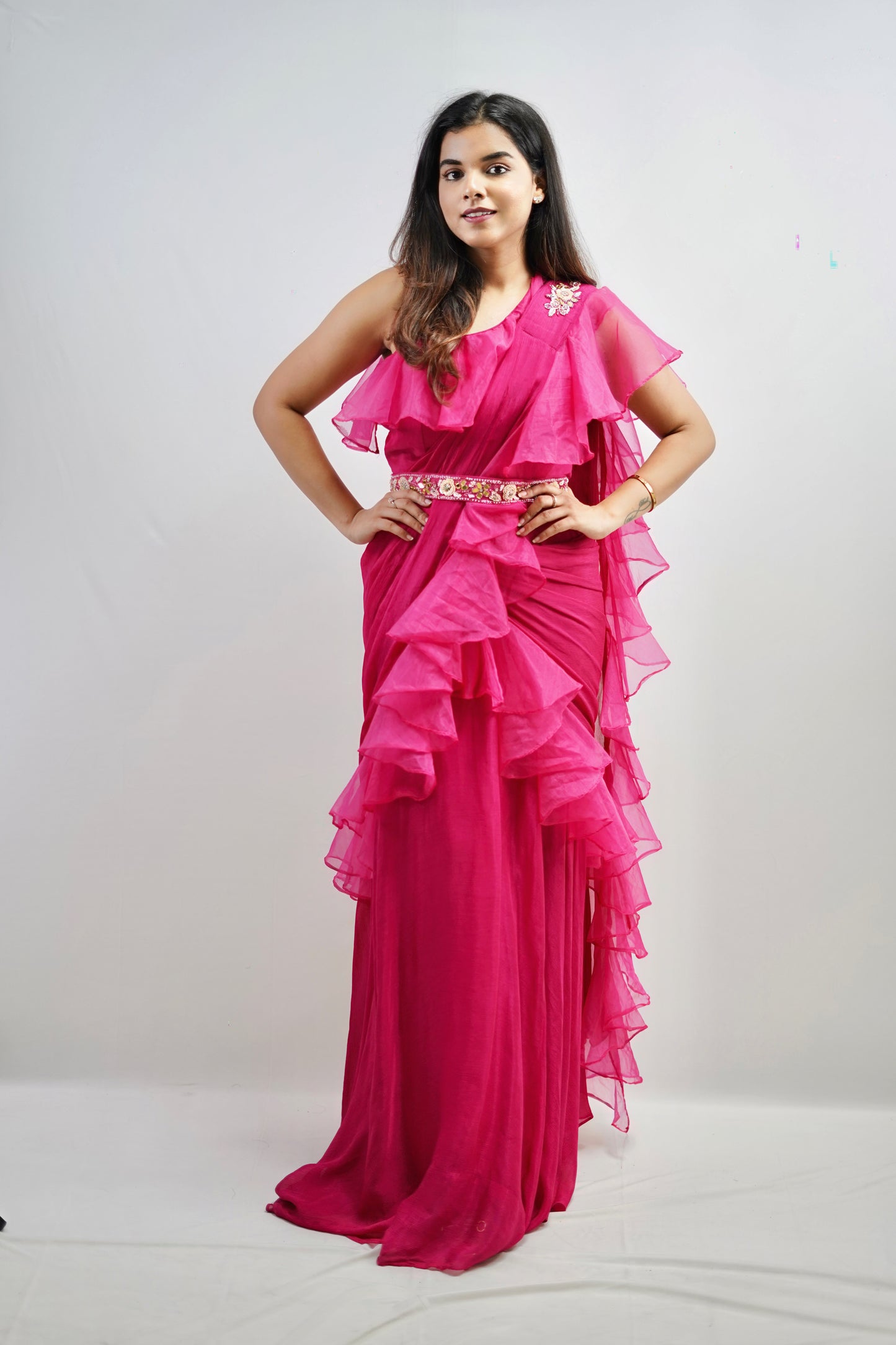 HOT PINK RUFFLE SAREE