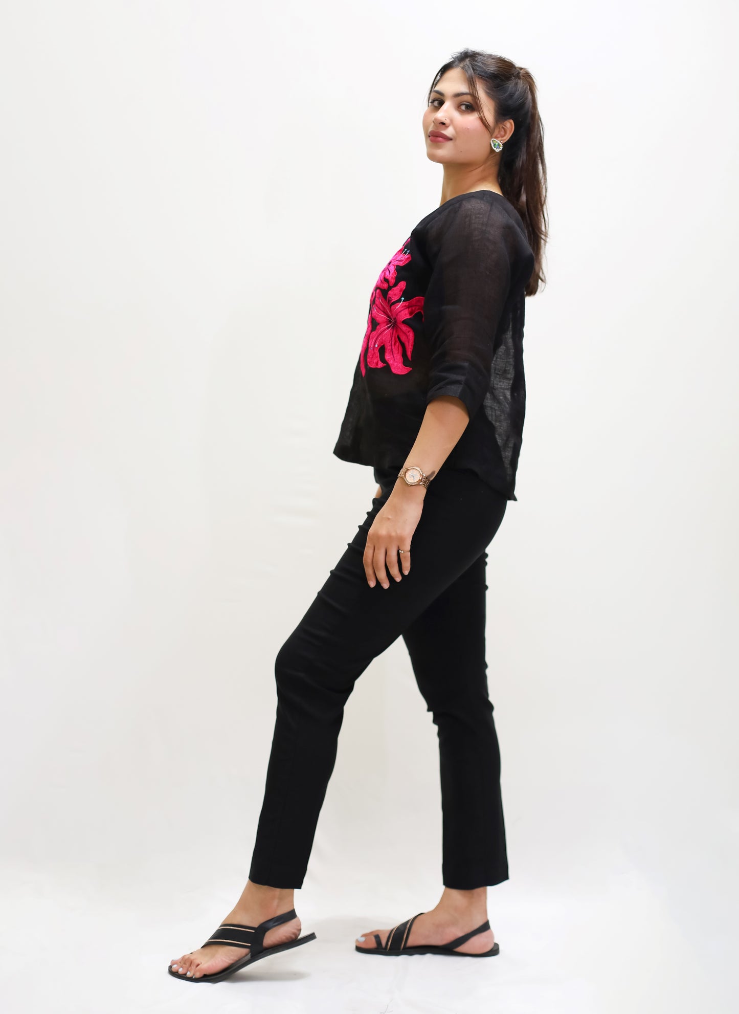 BLACK LINEN EMBROIDERED SHIRT WITH STRECHABLE PANTS AND INNER