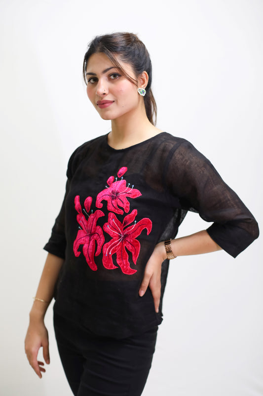 BLACK LINEN EMBROIDERED SHIRT WITH STRECHABLE PANTS AND INNER