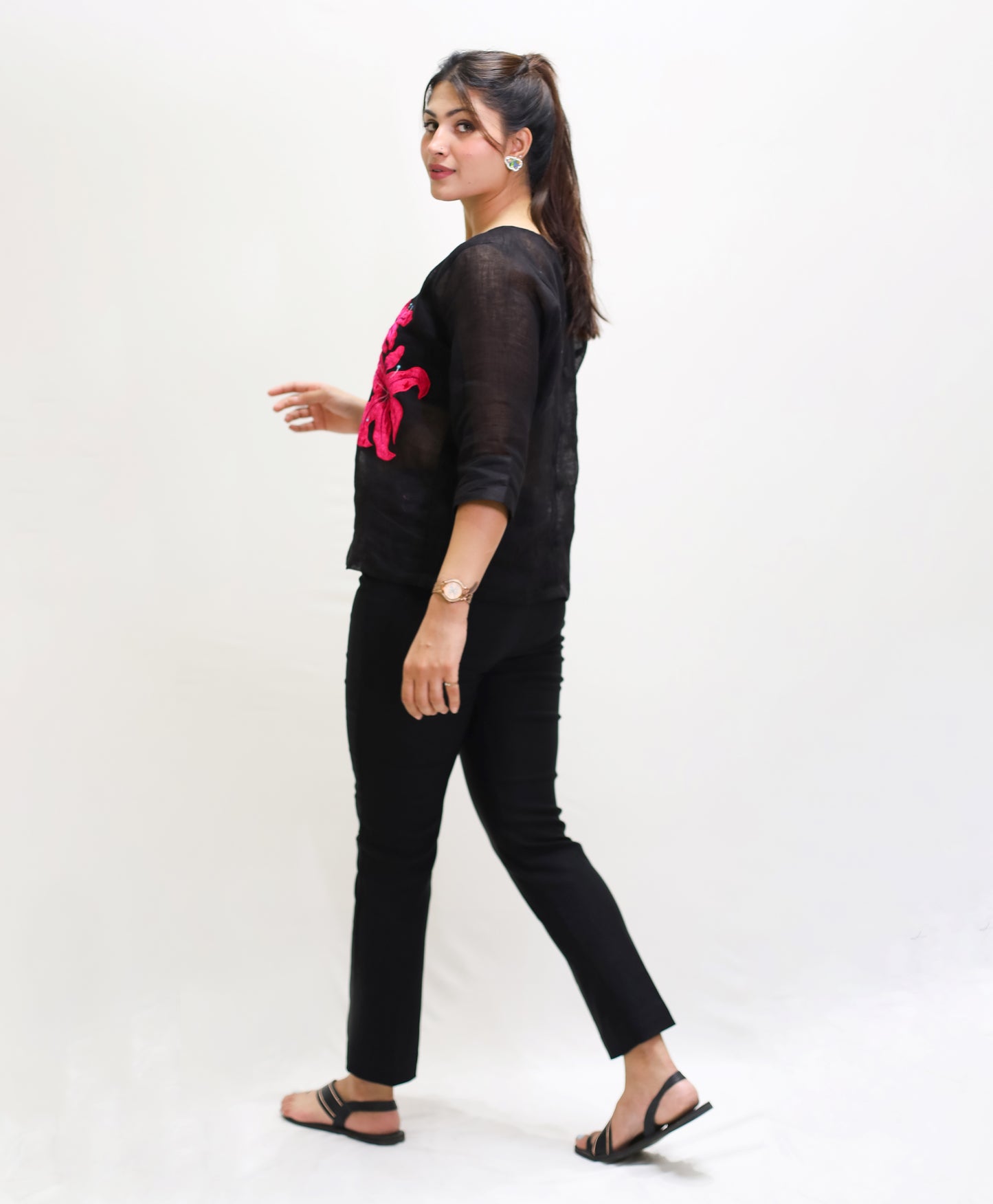 BLACK LINEN EMBROIDERED SHIRT WITH STRECHABLE PANTS AND INNER