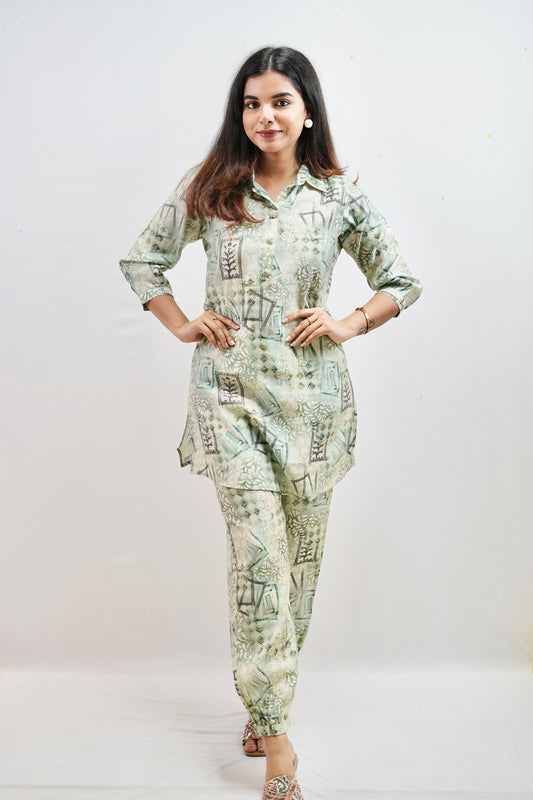 PRINTED CO-ORD SET WITH MIRROR EMBROIDERY