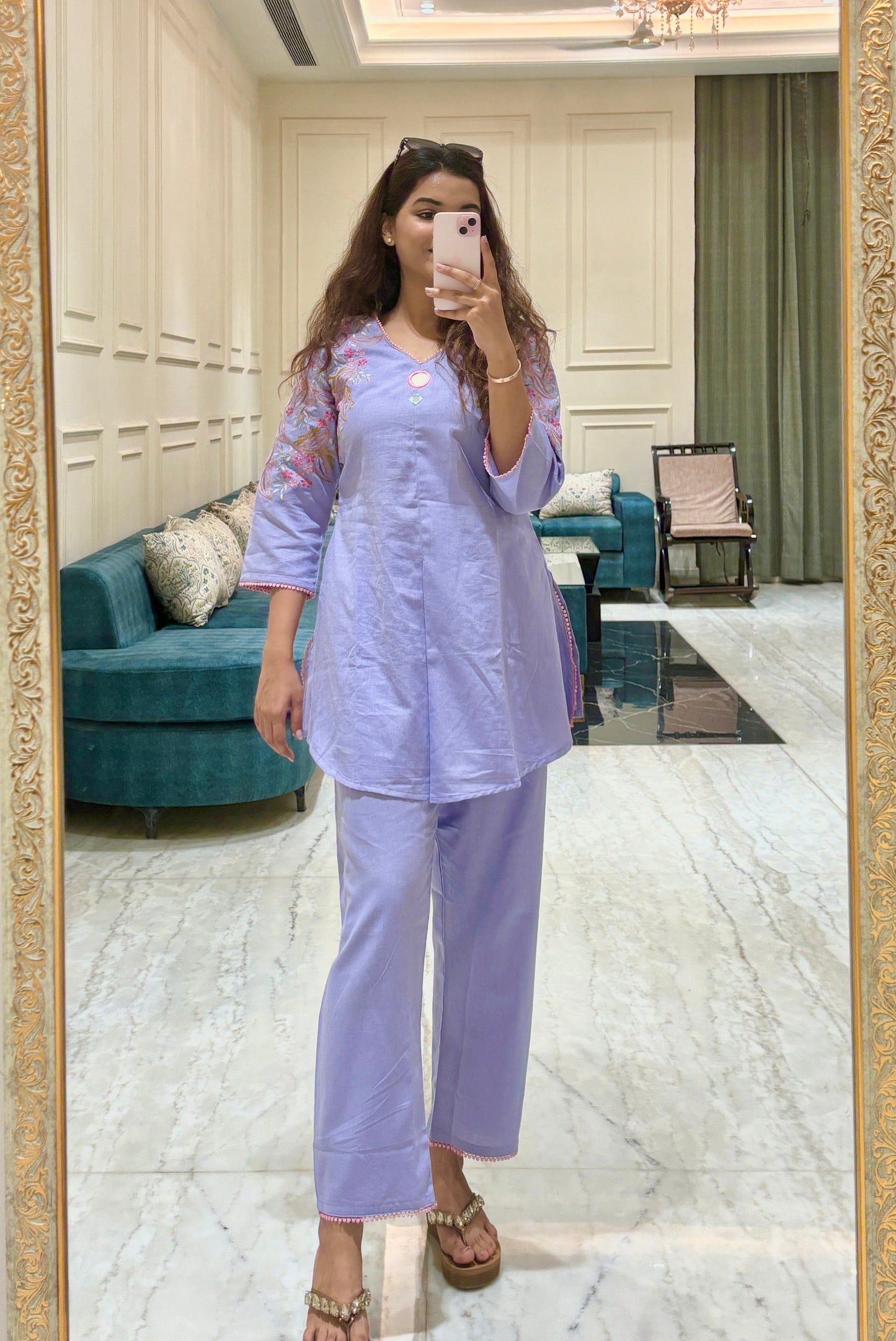 Lilac flower embroidered co-ord