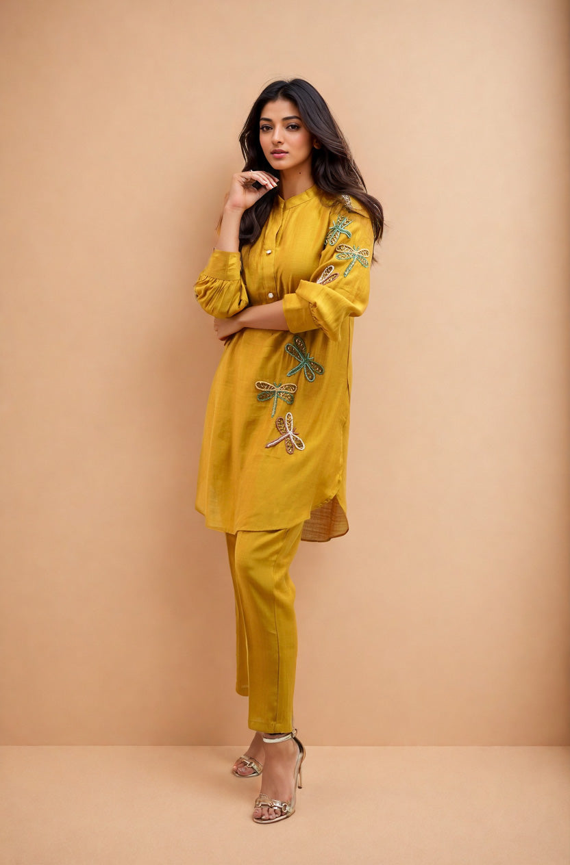 YELLOW BUTTERFLY EMBROIDERED CO-ORD SET