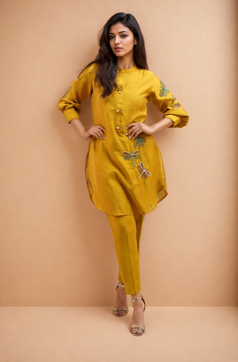 YELLOW BUTTERFLY EMBROIDERED CO-ORD SET