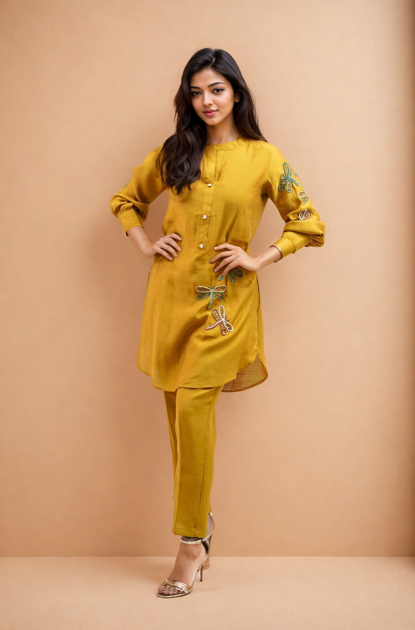 YELLOW BUTTERFLY EMBROIDERED CO-ORD SET